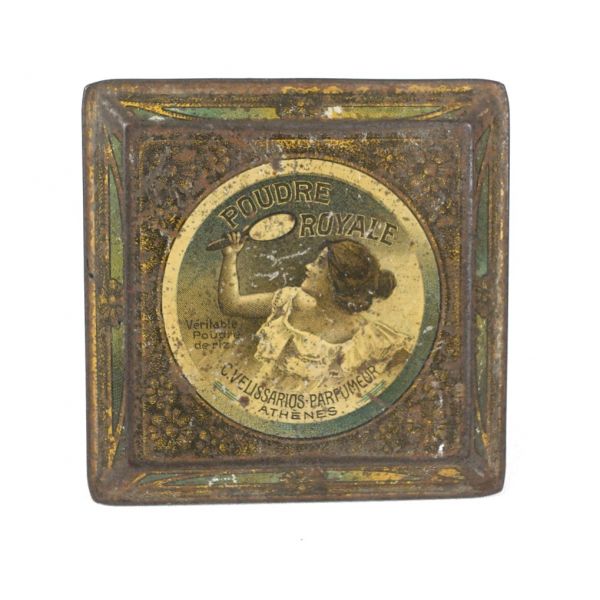 Trabzon, Constantinople, Samsun, Smyrne şubeleri bulunan Velissarios Pudra teneke kutu, 8x8 cm (Çok nadir)...