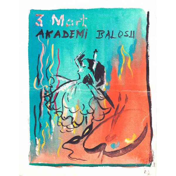 Denizcilik Bankası´nın ilk kadın grafikeri Gülümser Aral´ın orijinal el çizimi 3 Mart Akademi Balosu çalışması, 12x15 cm...
