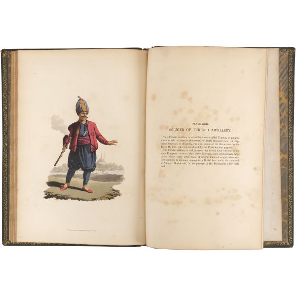 THE MILITARY COSTUME OF TURKEY, (editör: McLean Thomas), 1818, T. M´Lean, London, 5+1+30 sayfa metin + ikisi başlık sayfasında olmak üzere 30 aquatint baskı levha, 37x27 cm...