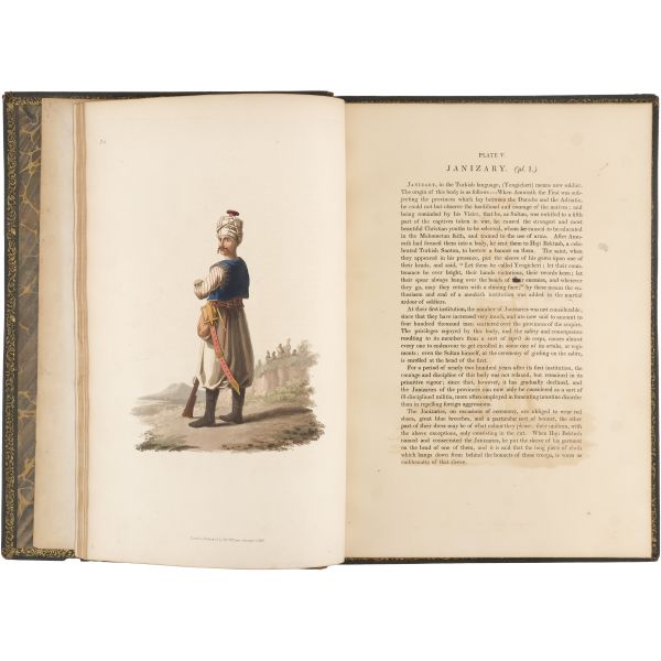 THE MILITARY COSTUME OF TURKEY, (editör: McLean Thomas), 1818, T. M´Lean, London, 5+1+30 sayfa metin + ikisi başlık sayfasında olmak üzere 30 aquatint baskı levha, 37x27 cm...