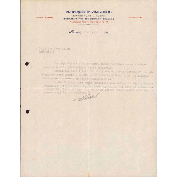 Neşet Akol Zeytinyağı ve Sabun Ticaret ve Komisyon İşleri antetli doküman, 1950 tarihli, 22x28 cm